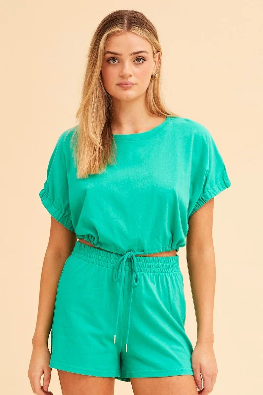 Green Jamie Cropped Cotton Short Sleeve Top