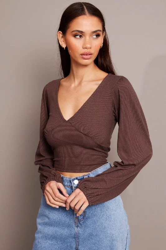 Brown Puff Sleeve Top Long Sleeve V Neck