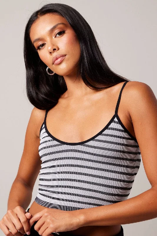 Black Stripe Singlet Sleeveless Scoop Neck Seamless