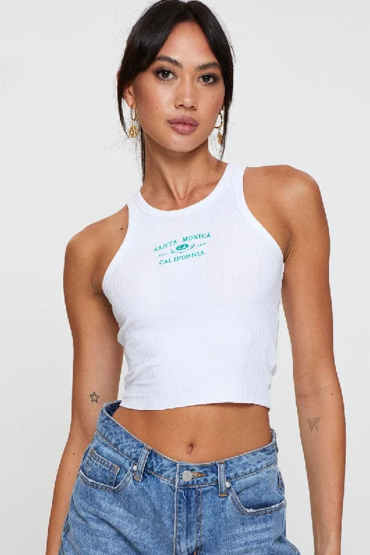 White Graphic Tank Embroided