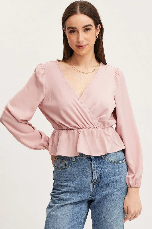 Pink Wrap Front Top Long Sleeve