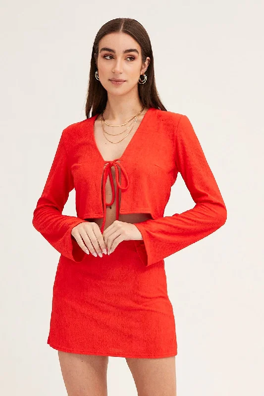 Red Long Sleeve Tie Front Textured Tie Top