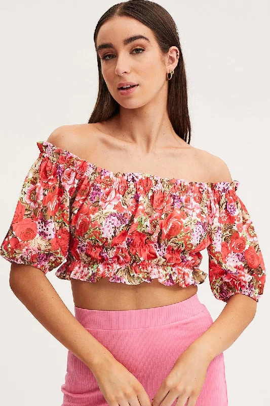 Print Crop Top Off Shoulder