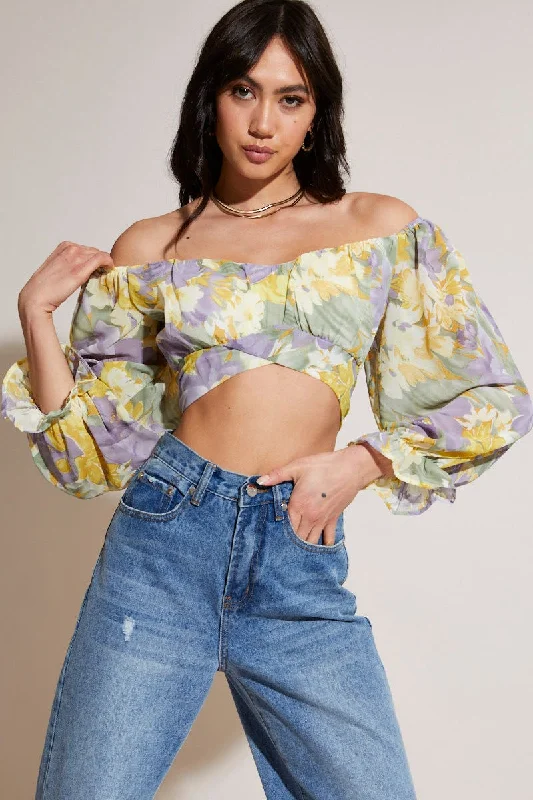 Print Crop Top Long Sleeve