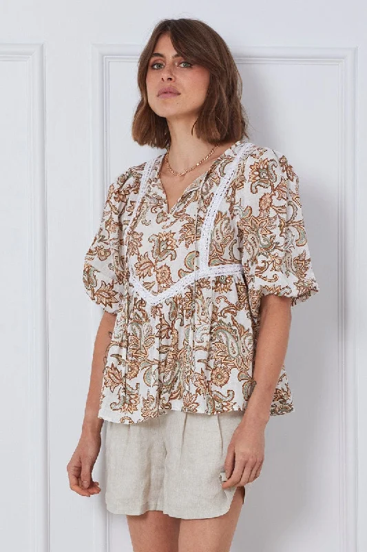 Print Relaxed Top Short Sleeve Oversized Square Neck