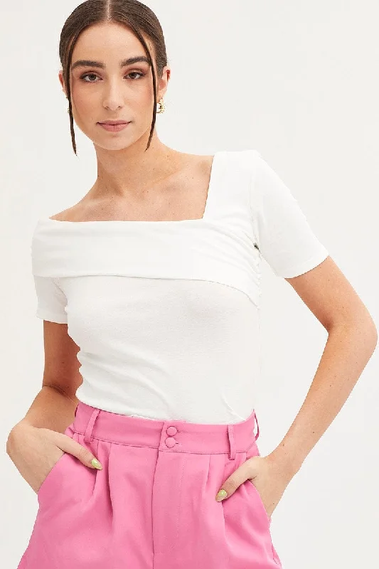 White Top Short Sleeve Asymmetric Neckline Cotton Jersey