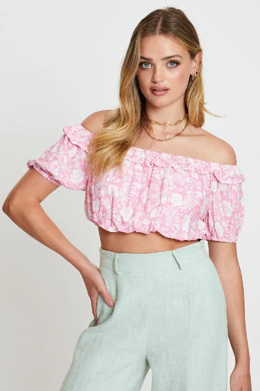 Boho Print Crop Top Short Sleeve Off Shoulder