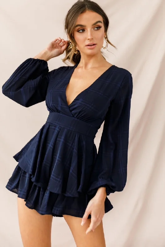 Maddox Fit & Flare Long Sleeve Romper Navy