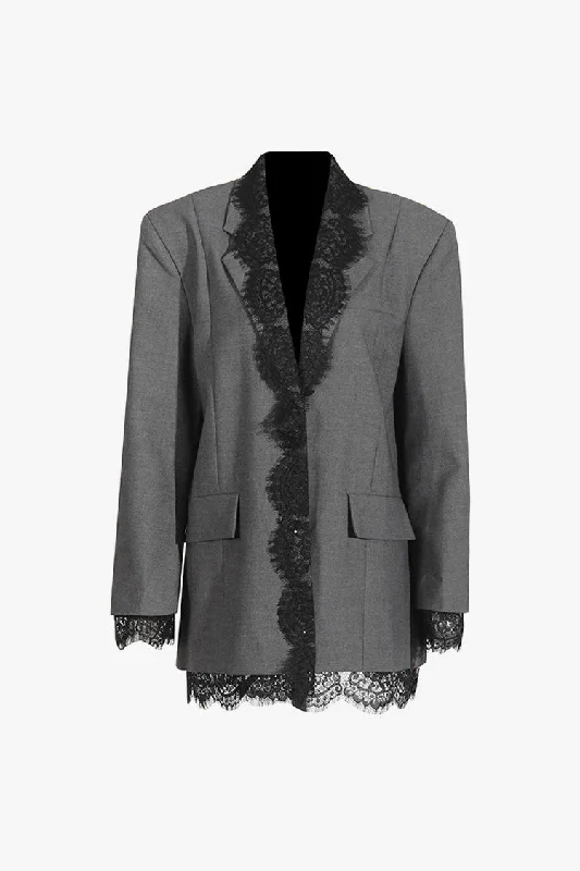 Feminine Lace Panel Lapel Strong Shoulder Long Sleeve Oversized Blazer