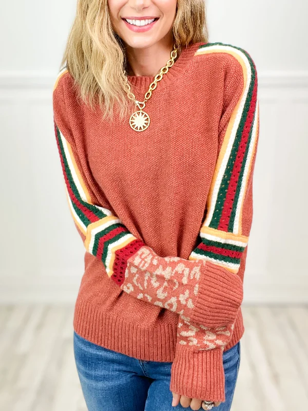 Multi Color Stripe Leopard Cuffs Sweater Top