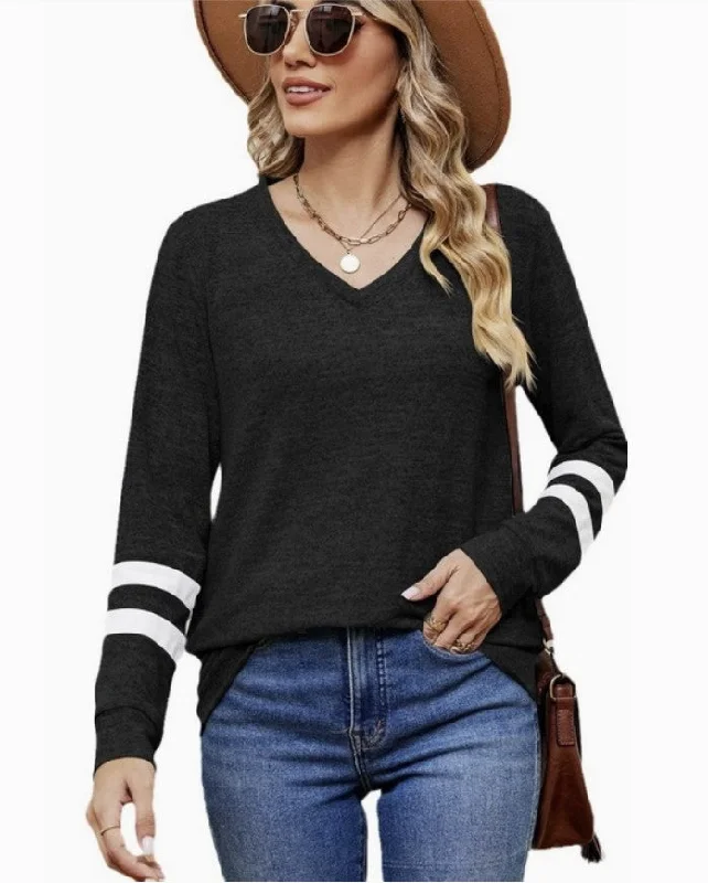 Black Long Sleeve V-Neck w/White Contrast on Sleeve - #8668-8672