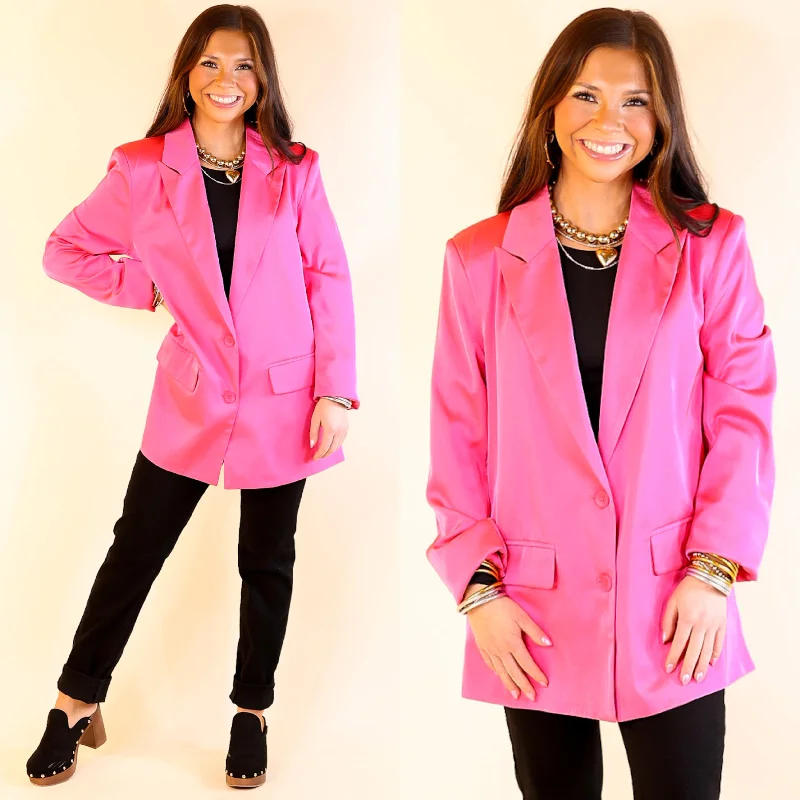 Touch Of Luxury Long Sleeve Satin Blazer in Hot Pink