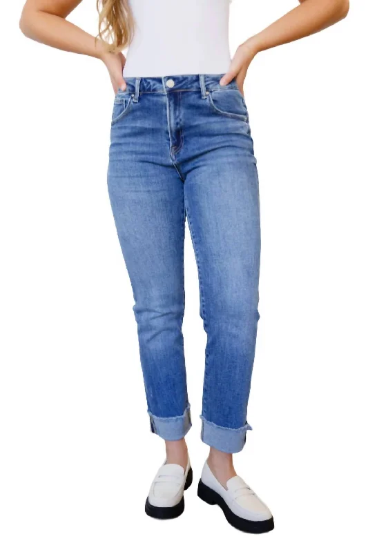 High Rise Cuffed Straight Jeans In Medium Wash