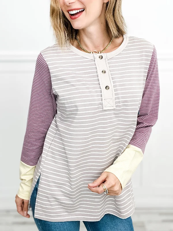 Long Sleeve Henley Striped Knit Top