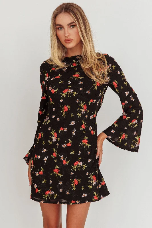 Thriller Long Sleeve Backless Mini Dress Floral Black