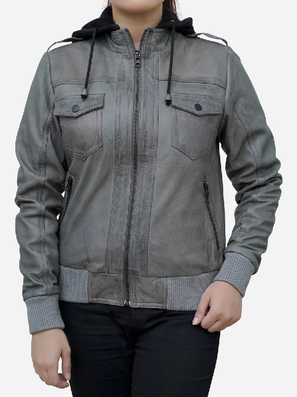 Women’s Cloud Grey Real Lambskin Hooded Leather Jacket