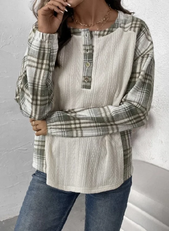 Plaid Patchwork Long Sleeve Top - #8654-8657