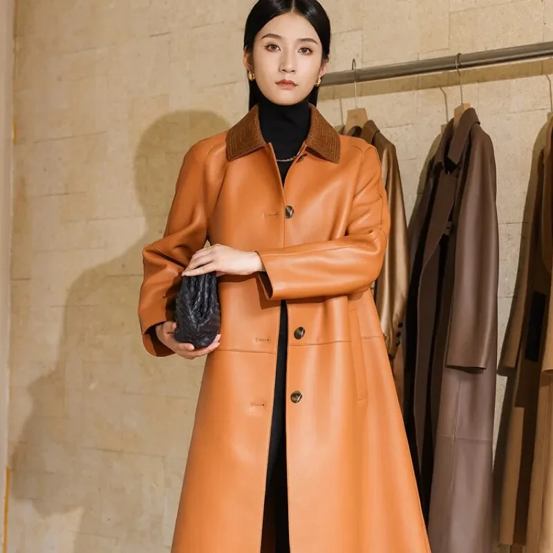 Women's Real Sheepskin Double-Sided Single-Breasted Long Trench Coat