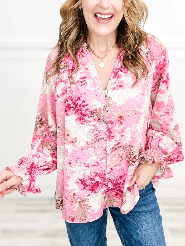 Long Sleeve Floral Print Button Down Top