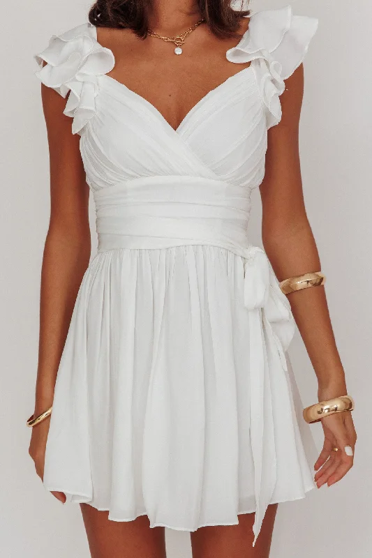 Lola Ruffle Shoulder Ruched Dress White