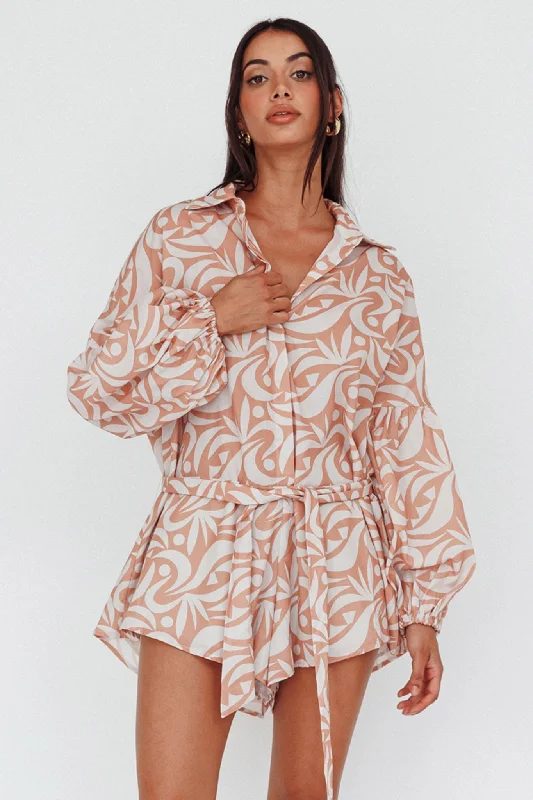 Daytona Beach Long Sleeve Shirt Romper Print Peach