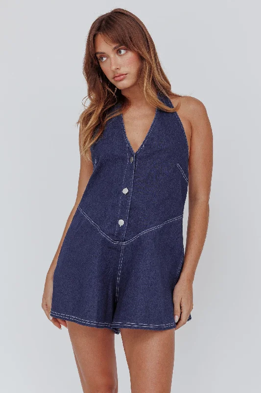 Glowing Halterneck Romper Dark Denim