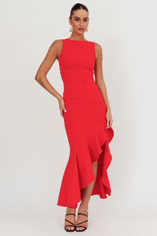 Lights On Asymmetric Hem Maxi Dress Red