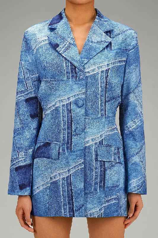 Silky Satin Denim Print Lapel Long Sleeve Button Up Bow Tie Cutout Blazer