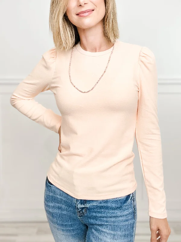 Crew Neck Puff Long Sleeve Brushed Hacci Solid Pullover Top