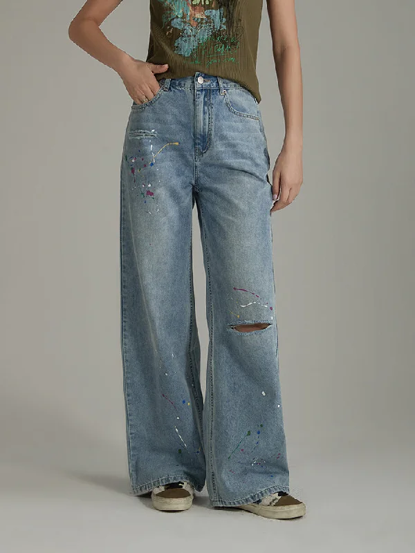 Paint Splatter Design Split Wide Denim Jeans