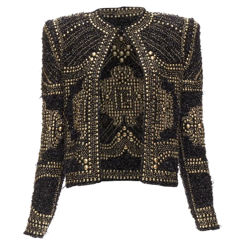 Balmain Gold Black Boucle Tweed Gold Studded Power Shoulder Jacket