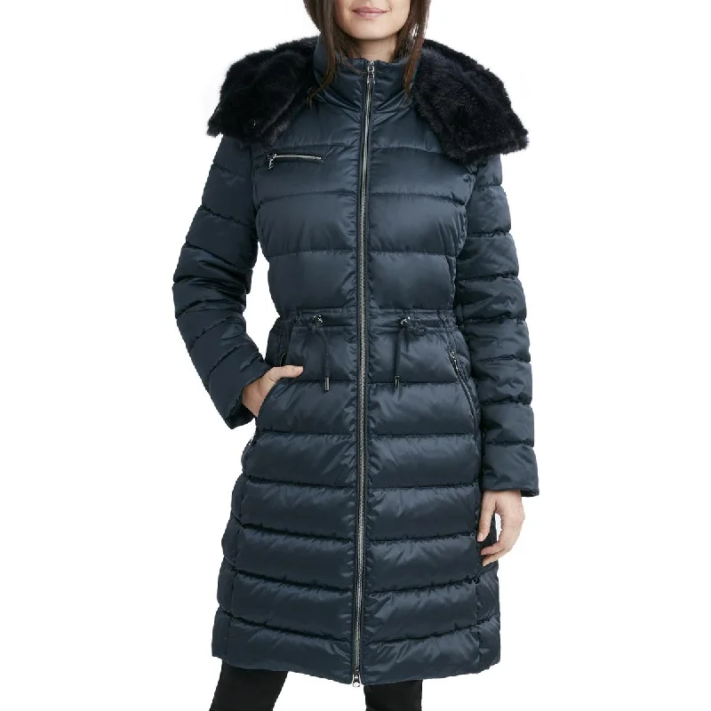 Laundry by Shelli Segal Women's Satin Quilted Long Puffer Coat with Cinch Waist