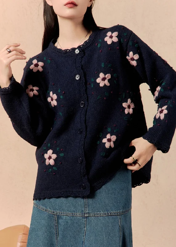 Loose Navy Floral Button Cozy Knit Coats Winter