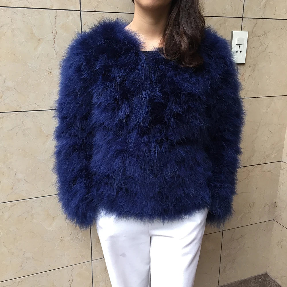 Women's Navy Blue Furry Long Sleeve Casual Short Winter Jacket