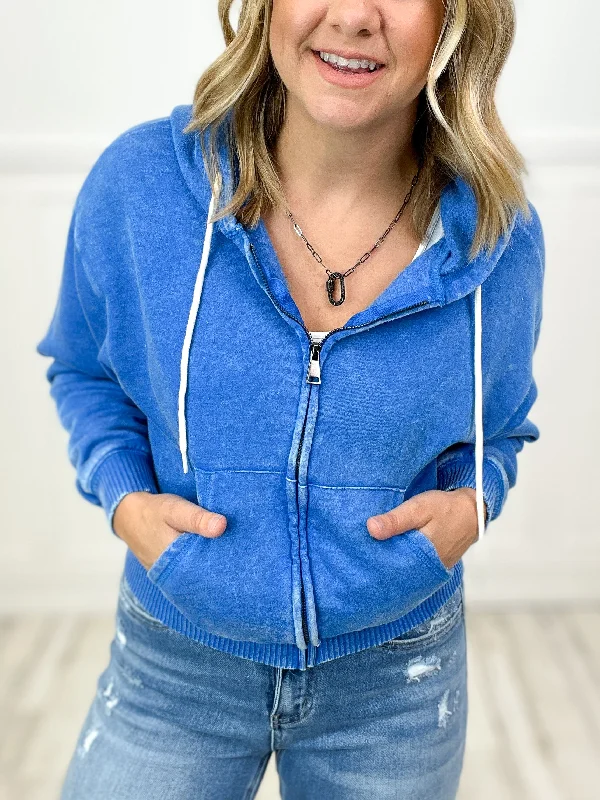 Stormy Vintage Wash Fleece Cropped Zip-Up Hoodie with Pockets-SET B