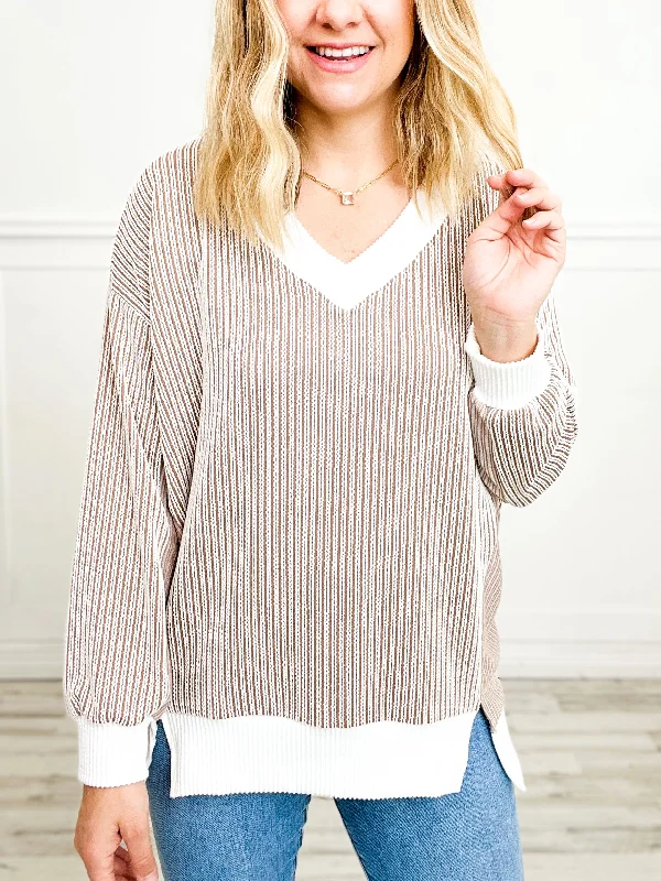 Long Sleeve Two Tone Ribbed Tunic Top