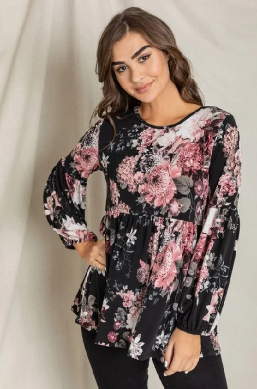 Black w/Pink Floral Peplum Top - #6315-6321