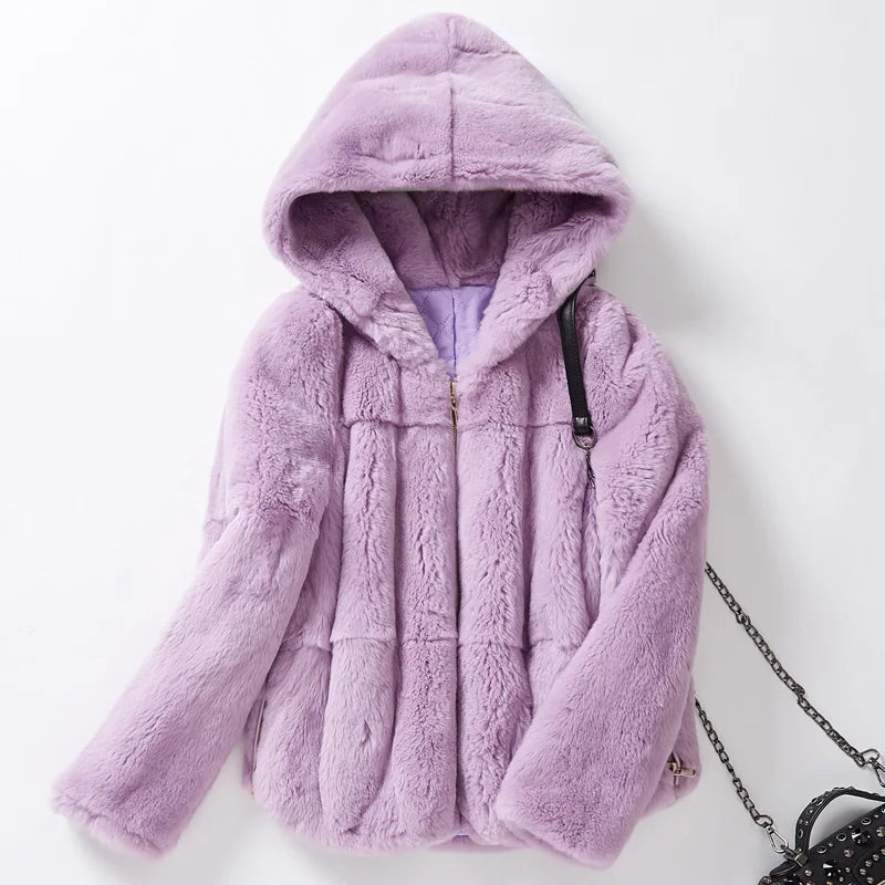 Women's Korean Style Winter Real Rex Rabbit Fur Jacket With Fur Trim Hood