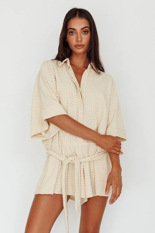 Daytona Beach Button-Up Romper Textured Beige