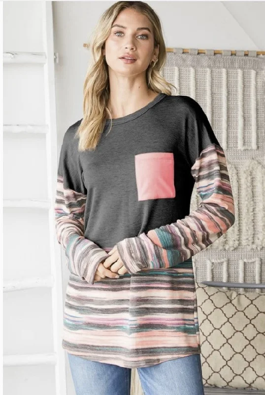 Charcoal Long Sleeve Top w/Stripe Pattern - #7805-7810