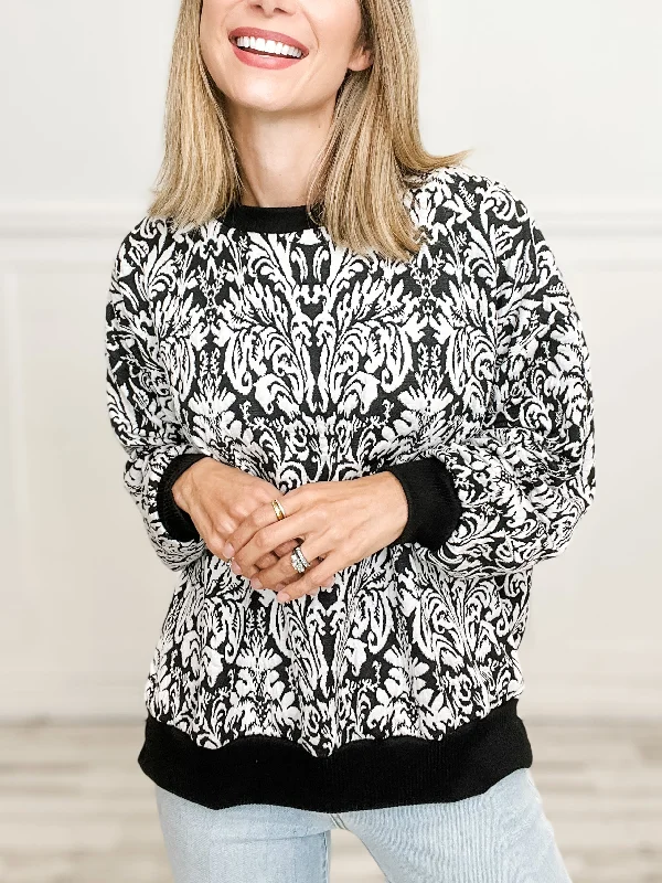 Long Sleeve Damask Print Top with Rounded Neckline