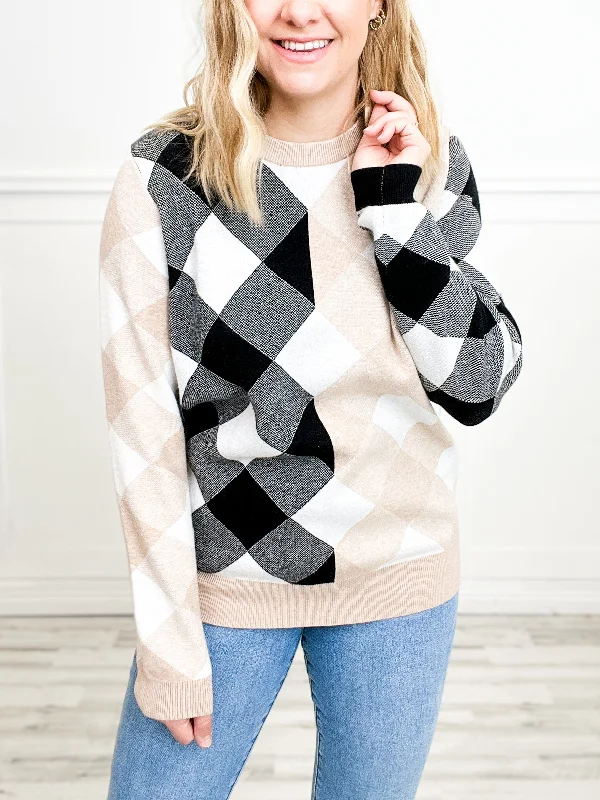 Contrast Plaid Pattern Long Sleeve Knitted Sweater