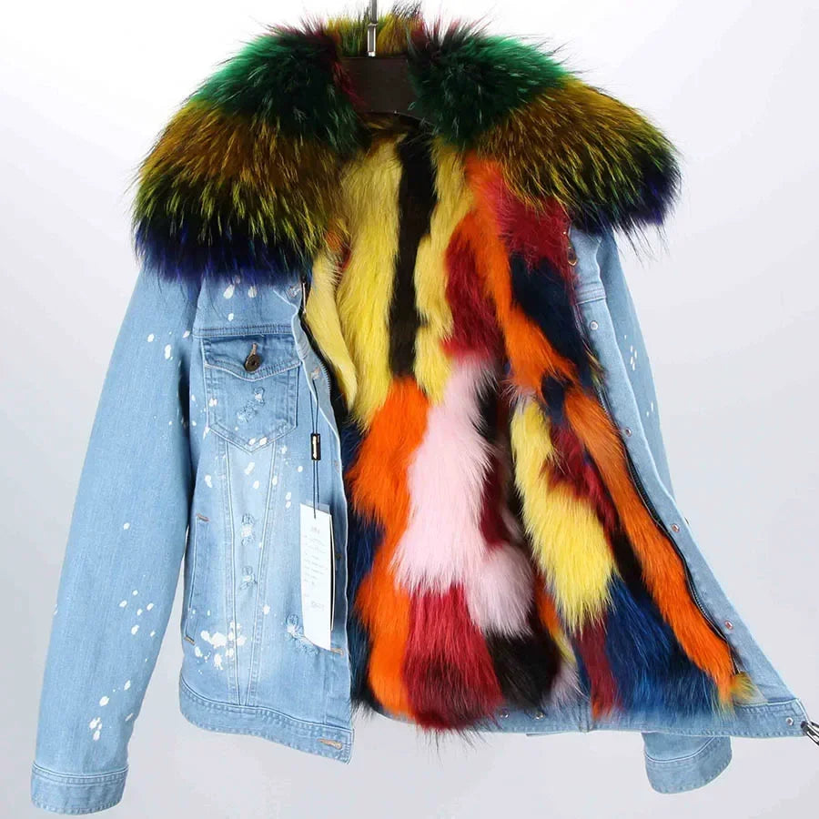 Women's Real Fox Fur Lined Large Raccoon Fur Collar Winter Denim Jacket