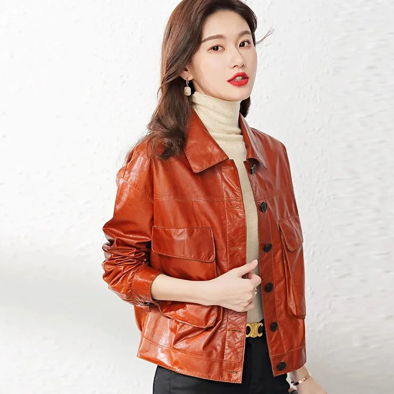 Women's Korean Fashion Cowhide Leather Big Pocket Loose Short Jacket