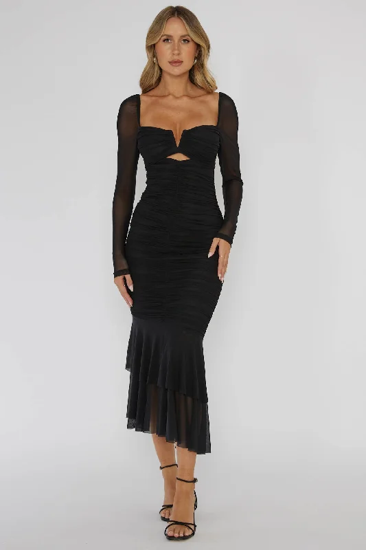 Nadia Long Sleeve Fishtail Midi Dress Black