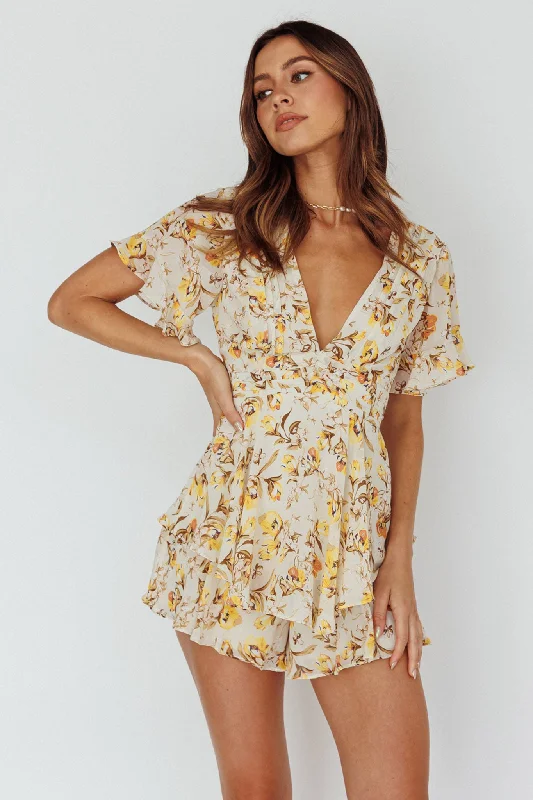 Golden Light Pintuck Pleat Romper Floral Beige