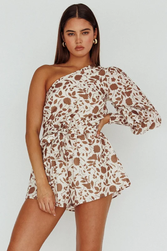 Summer Lover One-Shoulder Romper Floral Brown