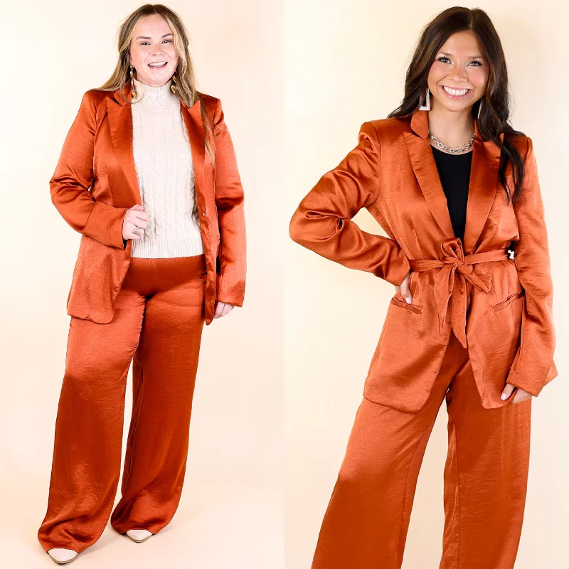 My Everything Satin Waist Tie Blazer in Rust Orange