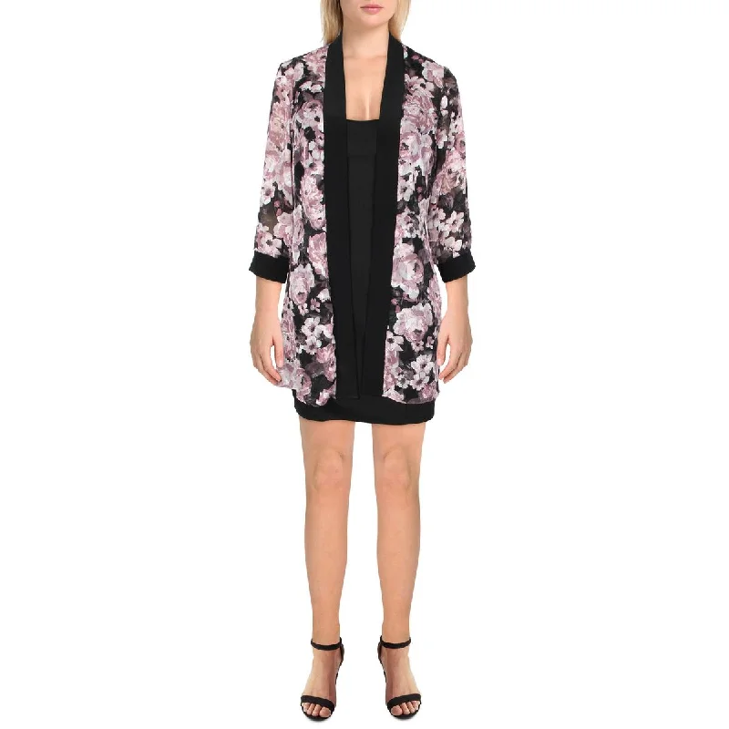 R&M Richards Womens Petites Chiffon Floral Duster Blazer