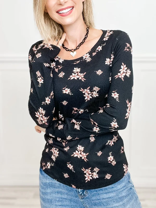 Floral Rib Long Sleeve Round Neck Top